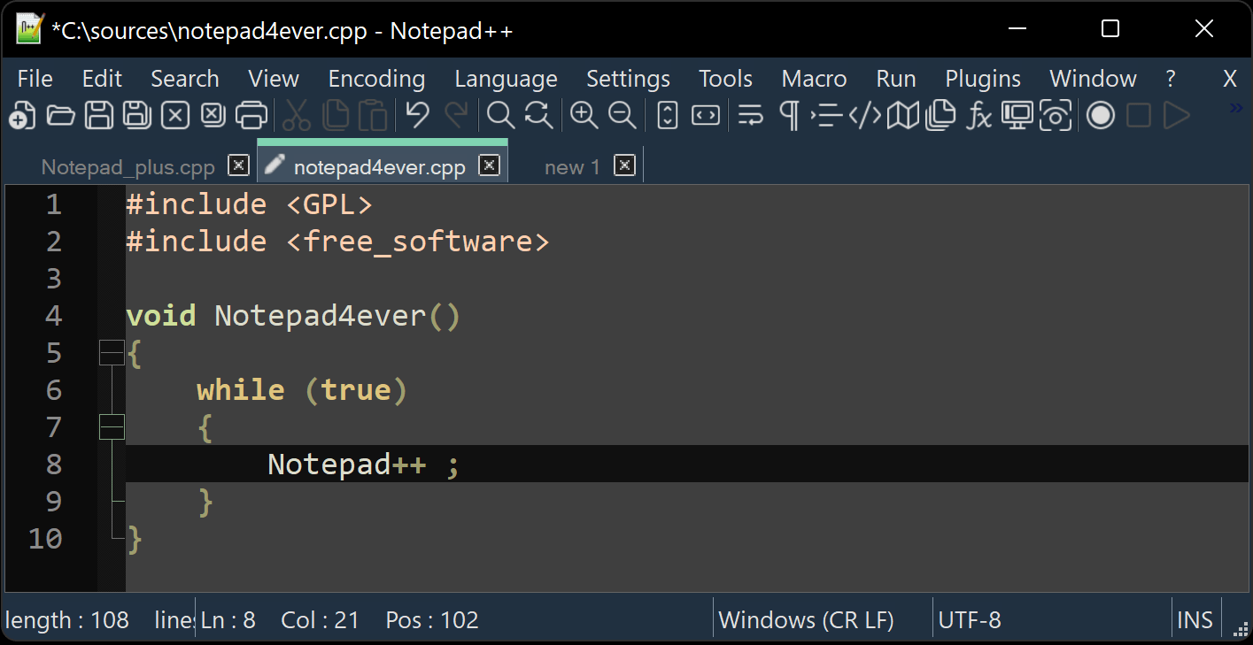 Notepad++ editor window showing highlighted source code on Windows